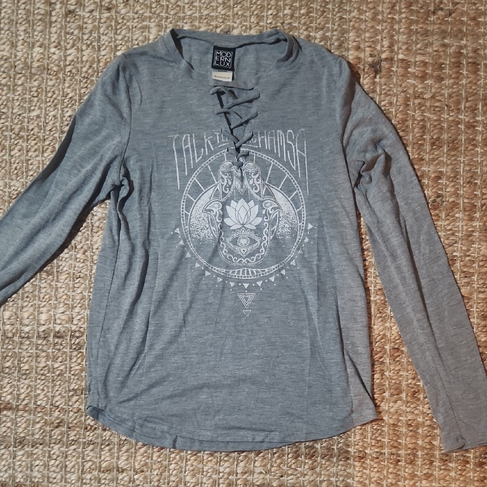 Modern Lux Loose Soft Laceup Bohemian Cotton Gray Long Sleeve Tee